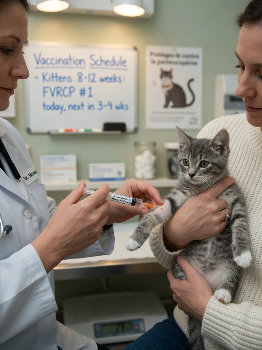 A veterinarian administering a feline panleukopenia vaccine injection to a healthy kitten held by its owner