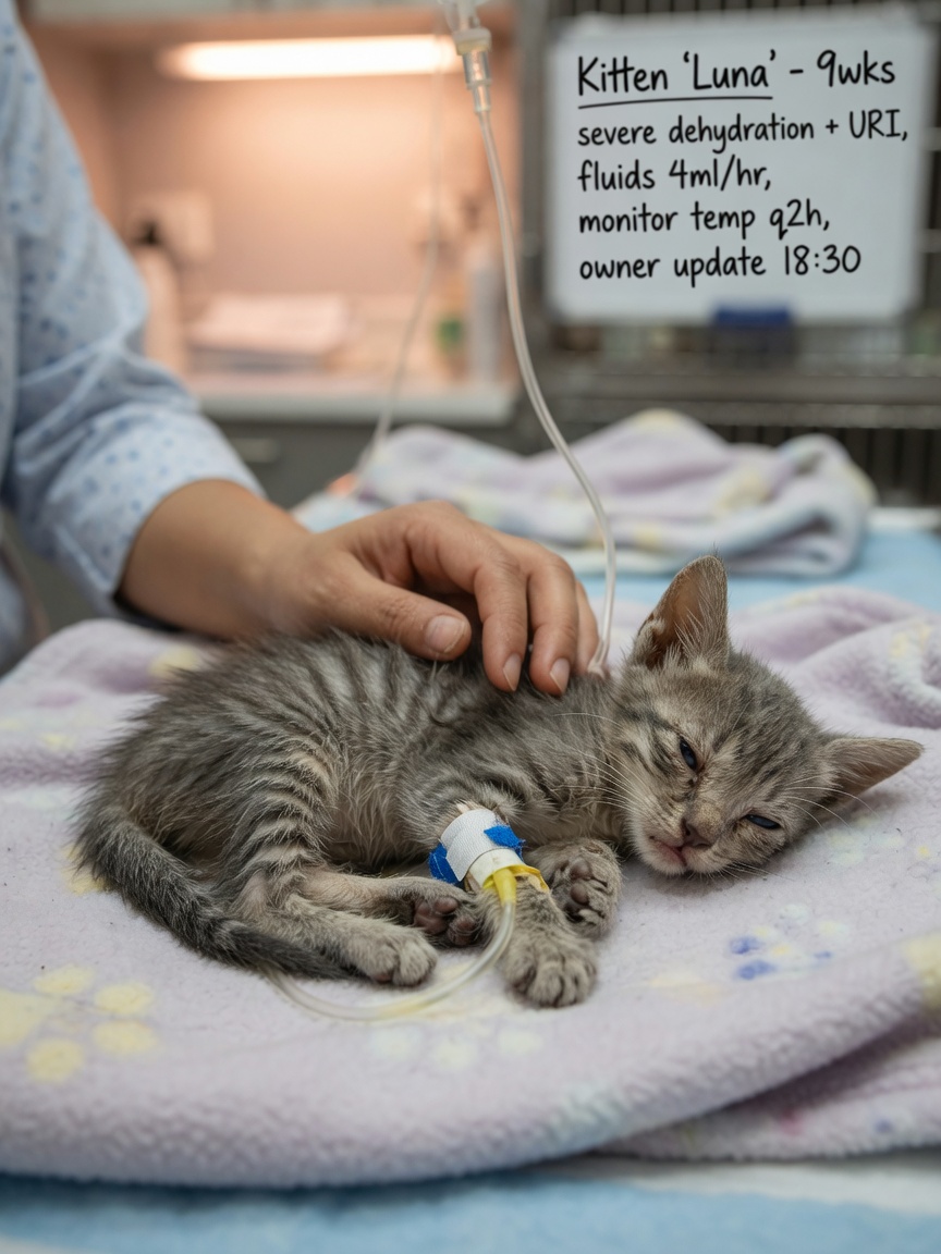 Critically ill kitten receiving intravenous fluid therapy during panleukopenia treatment