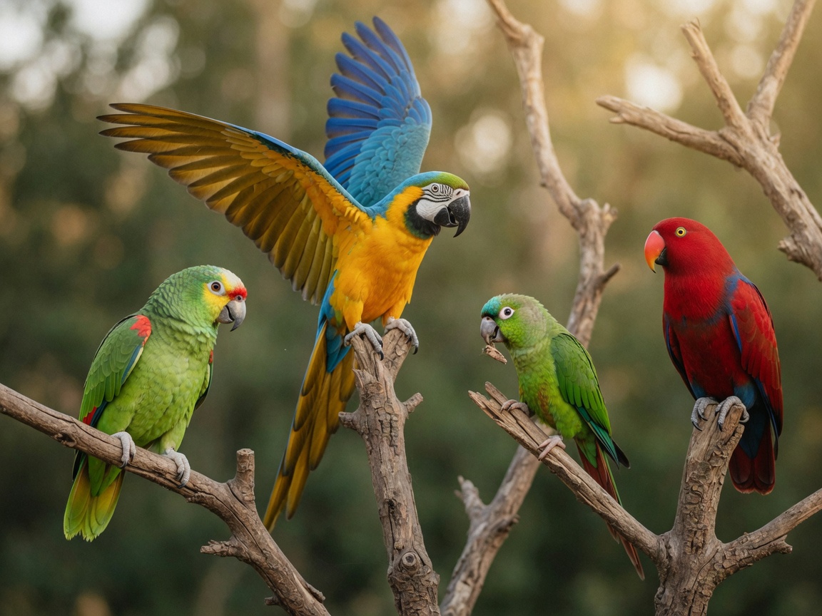Four different parrot species displaying their distinct colors and sizes perched on natural branches, showing Amazon parrot, macaw, conure, and Eclectus parrot.