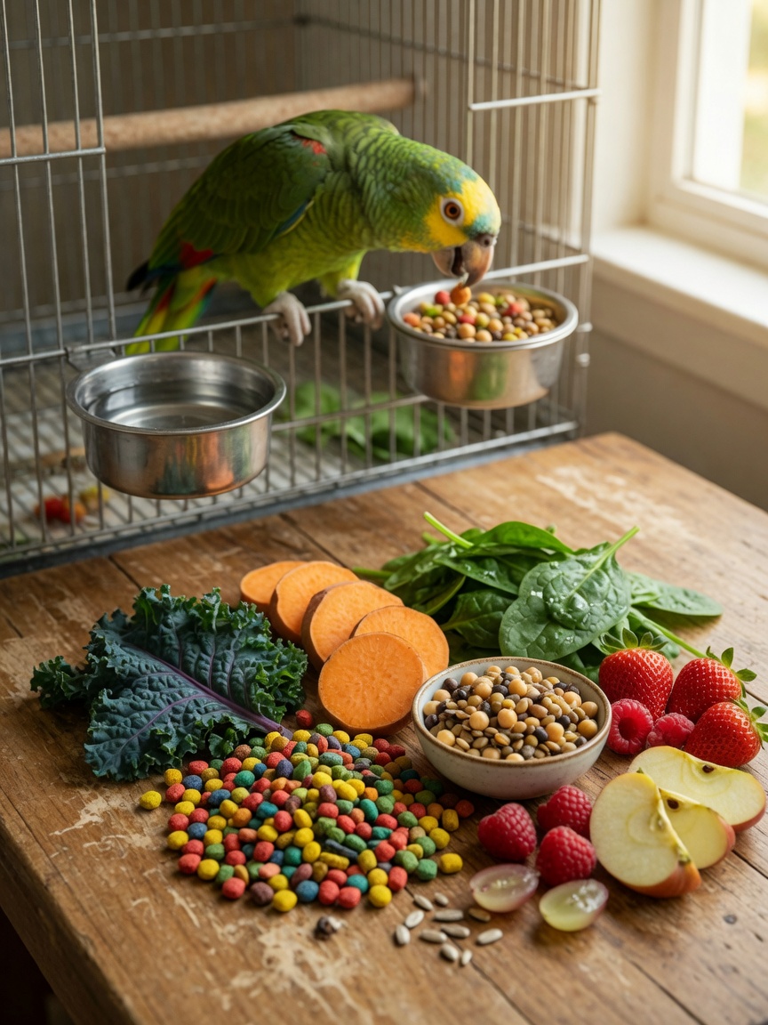 A spread of parrot-appropriate foods including pellets, fresh leafy greens, vegetables, legumes, and fruits arranged on a wooden table with a parrot eating in the background.