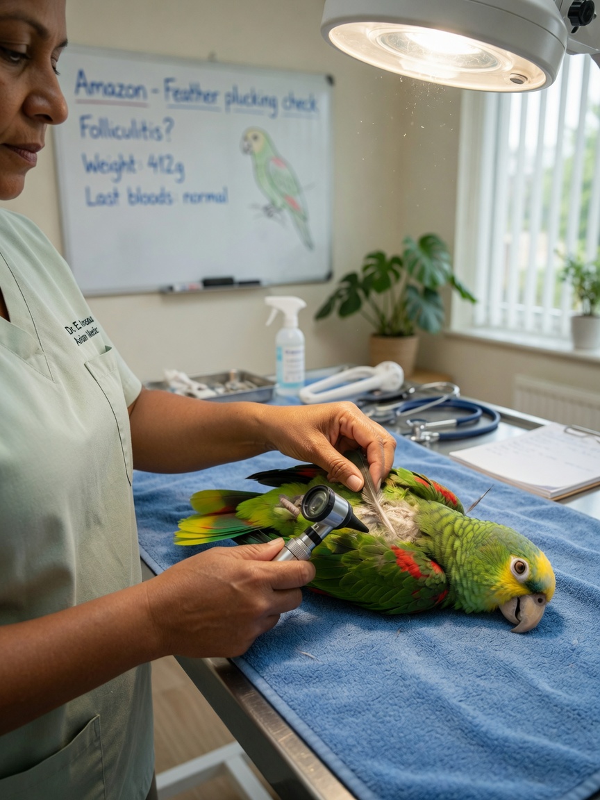 Avian veterinarian carefully examining a parrot's feathers and skin during medical consultation