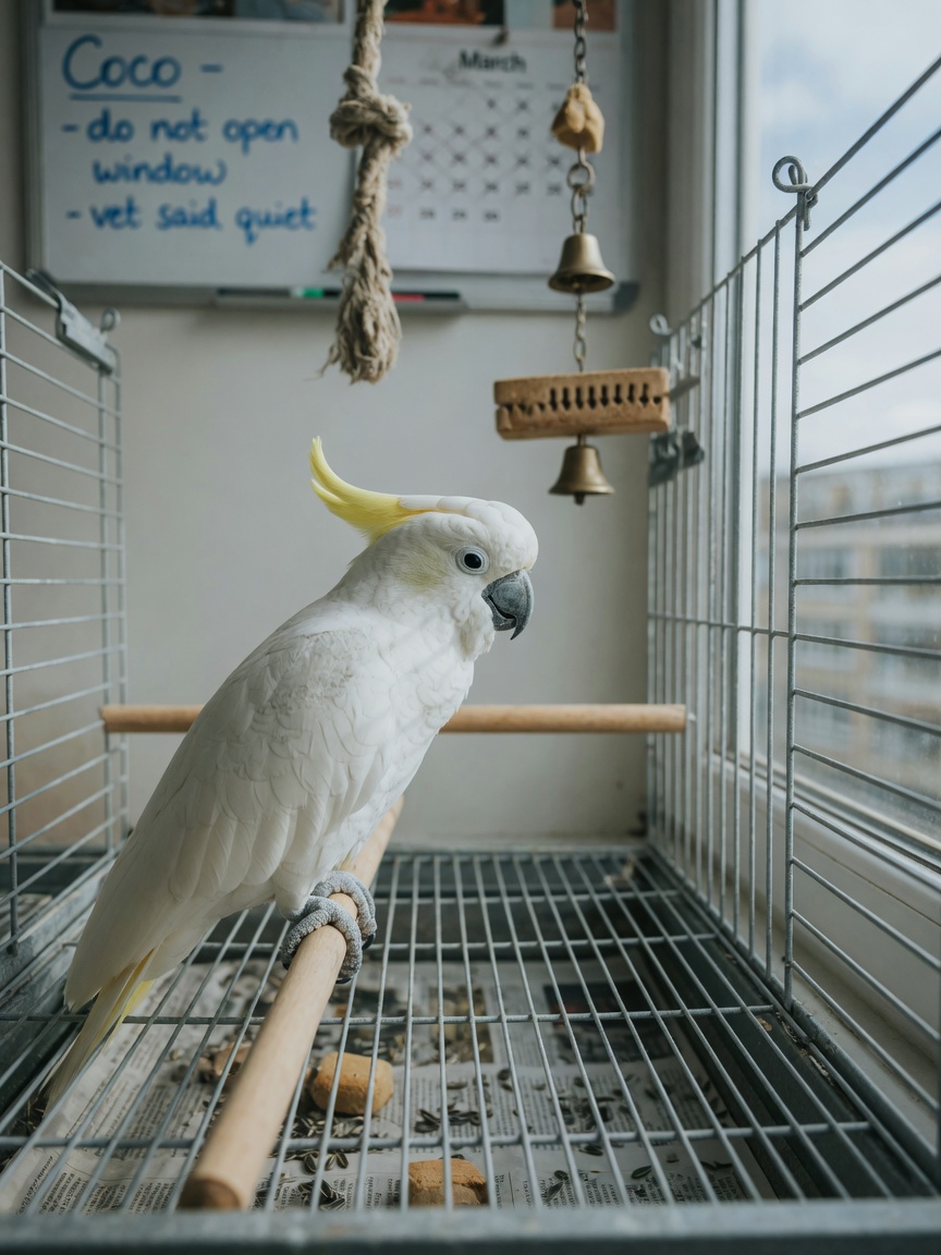 Lonely cockatoo in a cage with minimal enrichment showing signs of boredom and stress
