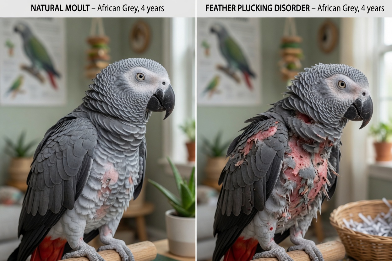 Side-by-side comparison of a healthy moulting parrot with symmetrical feather loss versus a parrot with feather plucking showing asymmetrical damage