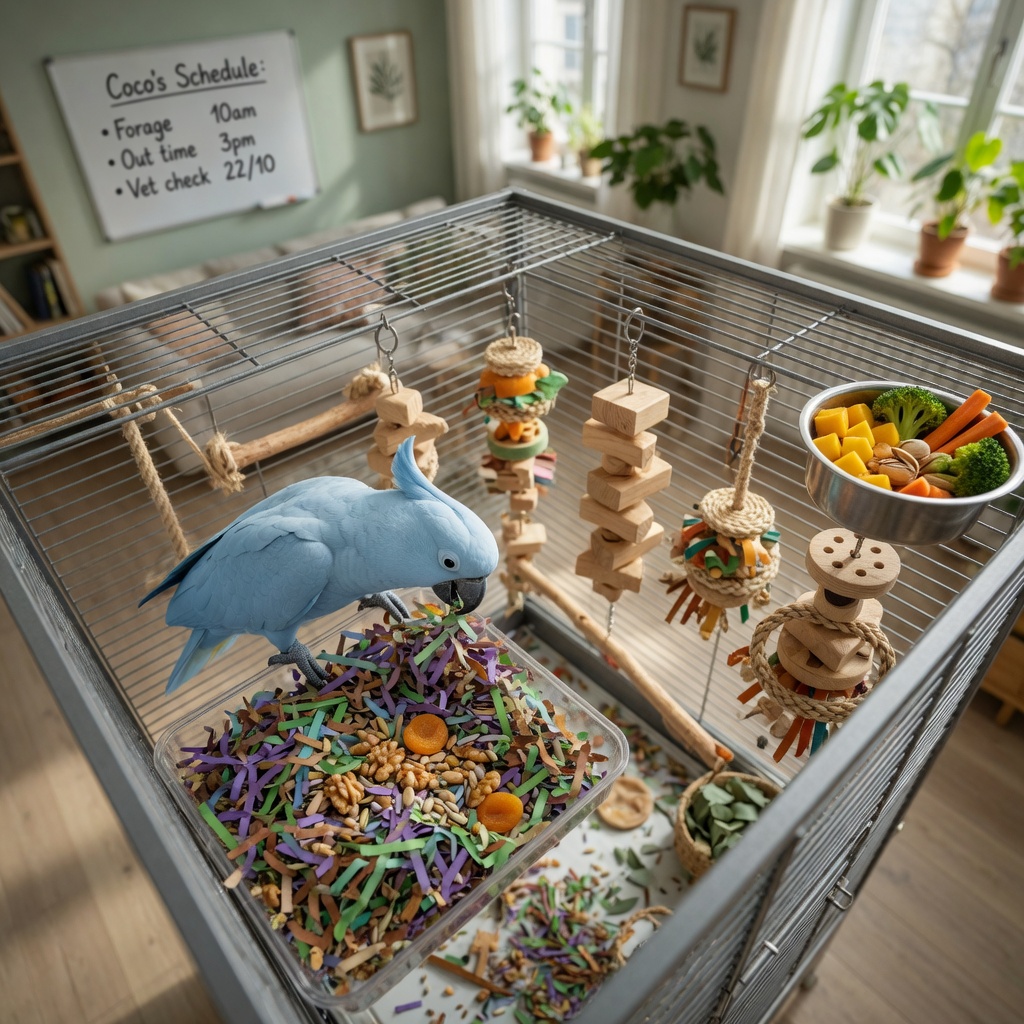 A parrot actively foraging and playing with enrichment toys including shredded paper, wooden toys, and treats in a well-stimulated cage environment