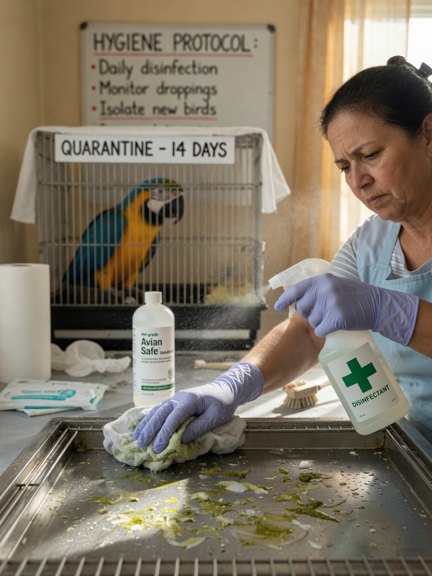 Pet owner in protective gloves cleaning a parrot cage with disinfectant spray, demonstrating hygiene practices for disease prevention, with a macaw visible in quarantine.