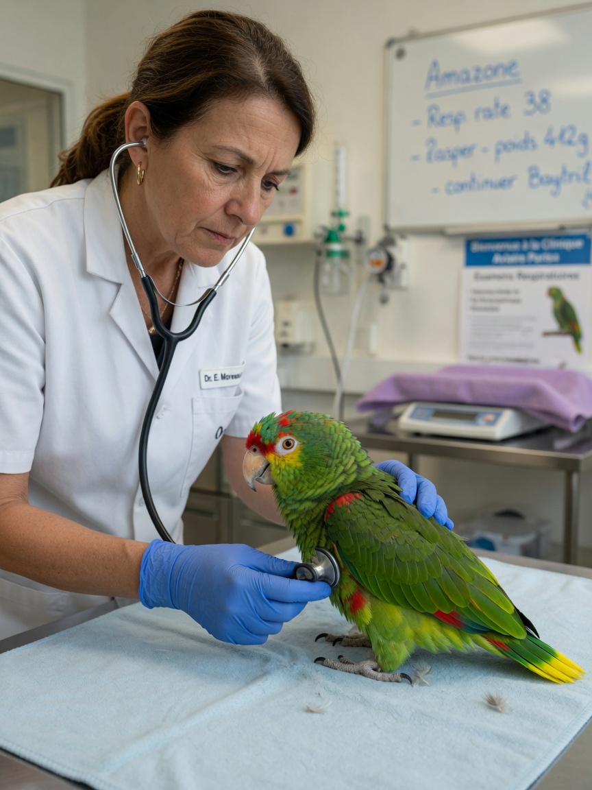 Veterinarian using a stethoscope to examine an Amazon parrot on an examination table, diagnosing respiratory issues related to aspergillosis.