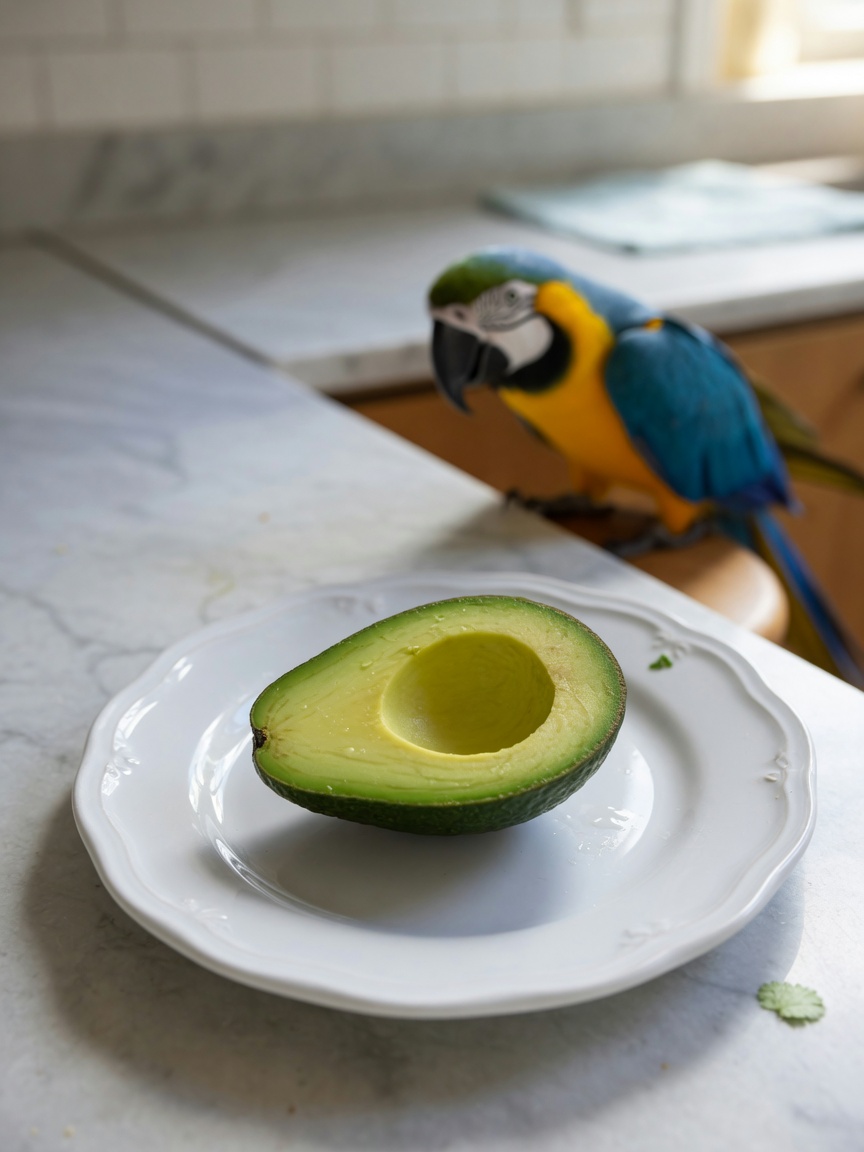 Avocado tagliato a metà su piatto con pappagallo sfocato sullo sfondo
