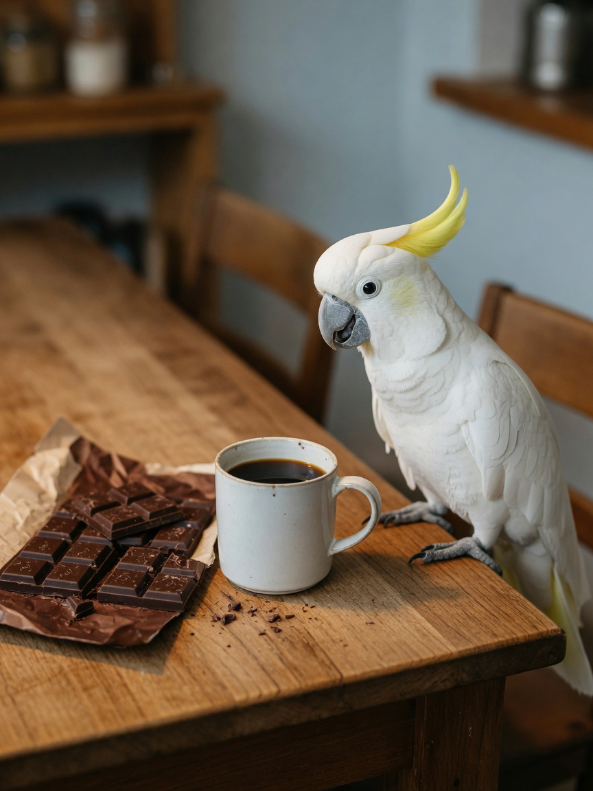 Pezzi di cioccolato e tazza di caffè con cacatua curiosa nelle vicinanze