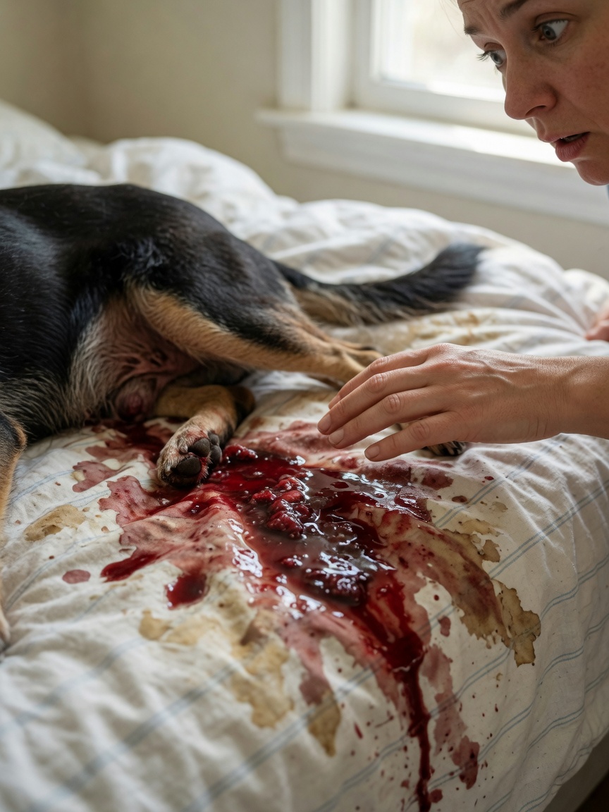 Close-up showing bloody diarrhea on bedding, the hallmark symptom of canine parvovirus, with concerned owner's hand nearby