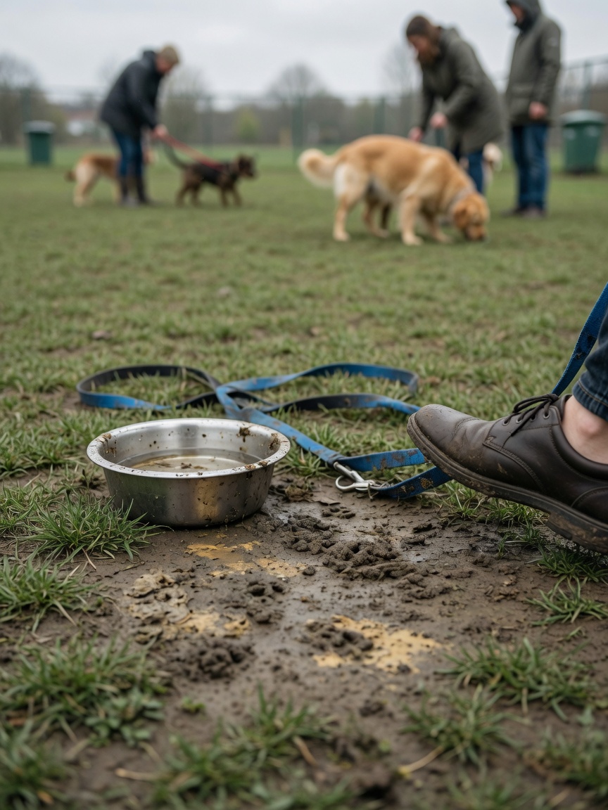 A contaminated dog park environment showing soil, water bowl, and leash where parvovirus can survive for months, illustrating transmission risk