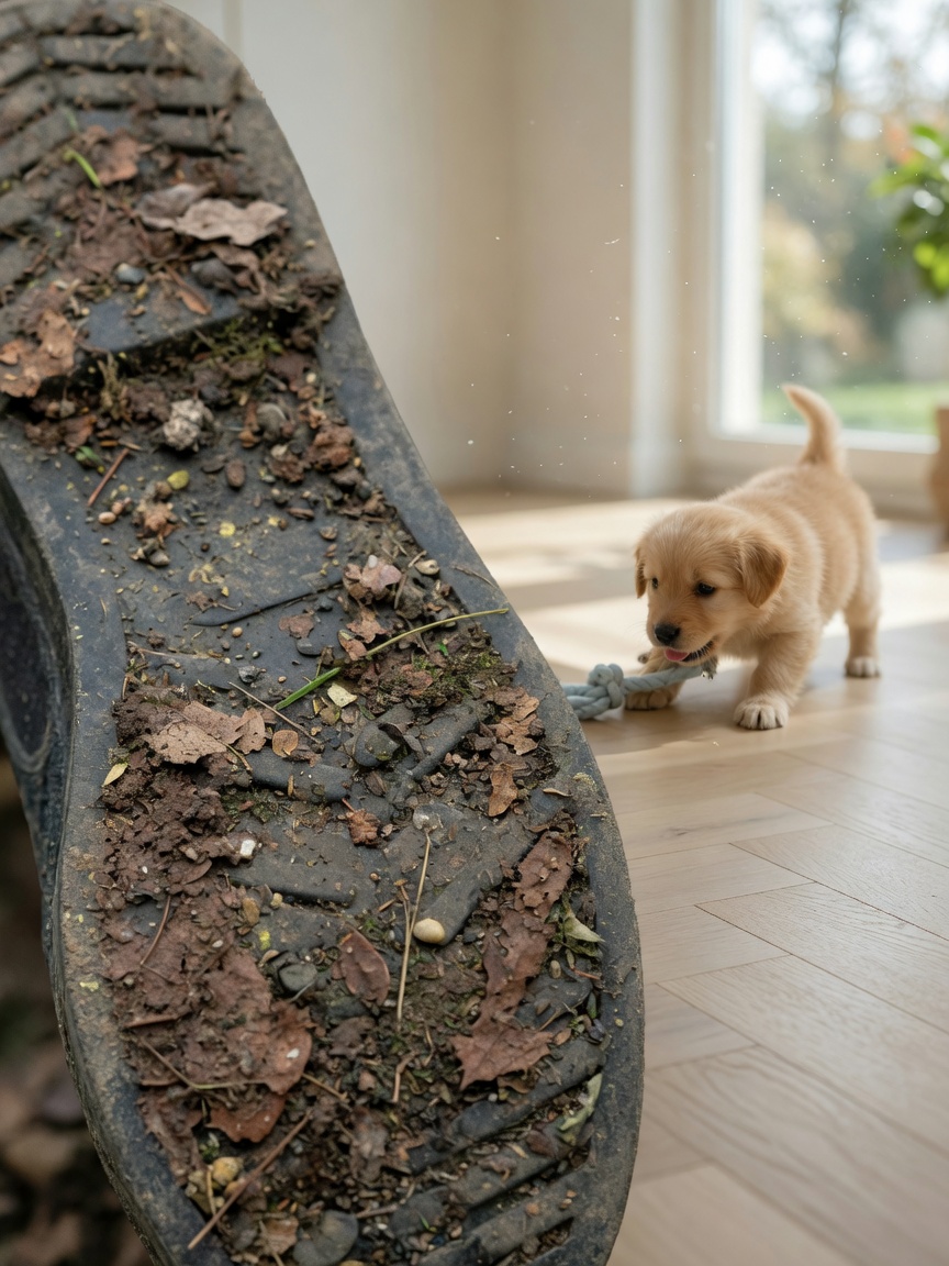 Suela de zapato contaminada mostrando cómo el parvovirus puede ser transportado a casas donde viven cachorros sin vacunar