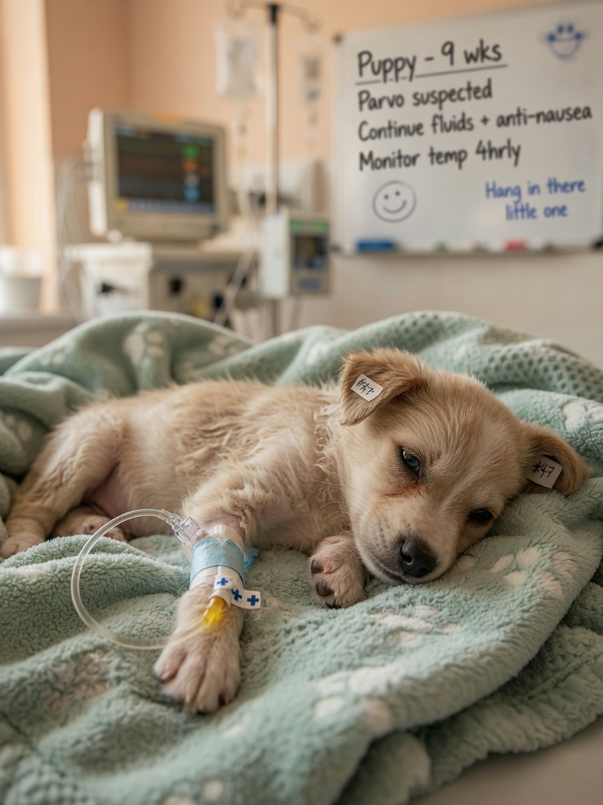 Cachorro hospitalizado recibiendo soporte de fluidos intravenosos durante tratamiento intensivo para infección por parvovirus