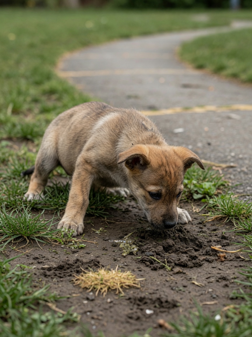 Unvaccinated puppy sniffing contaminated soil in a park, vulnerable to parvovirus exposure