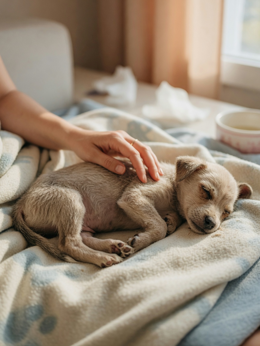 Sick unvaccinated puppy showing signs of parvovirus, resting on a blanket with owner's gentle hand nearby