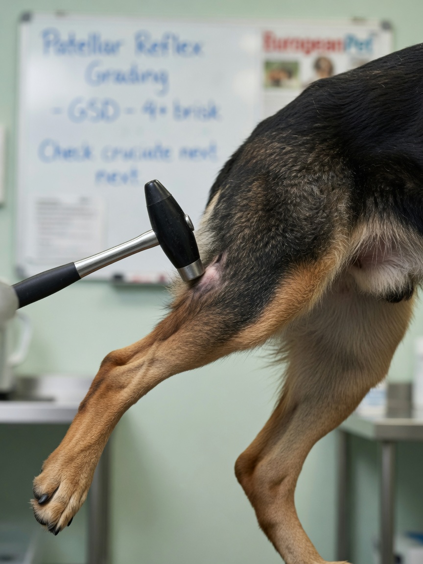 Primer plano de la pata trasera de un Pastor Alemán mostrando la respuesta de patada del reflejo patelar durante la prueba neurológica veterinaria