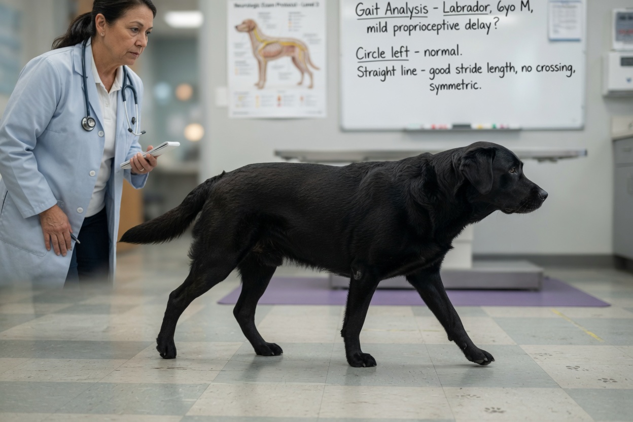 Veterinario observando la marcha de un Labrador Retriever durante un examen neurológico para evaluar la coordinación y la función de las extremidades