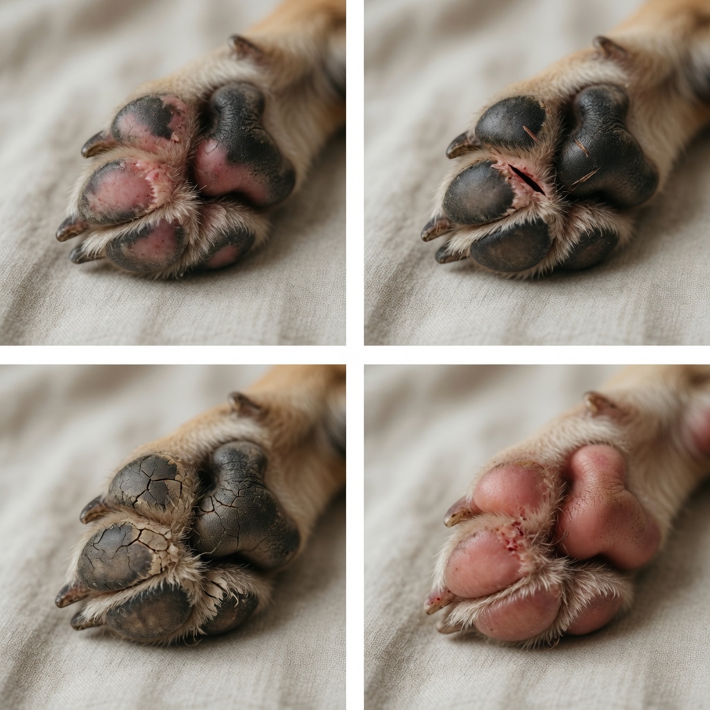 Visual reference showing four types of paw pad injuries in active dogs: abrasion, laceration, cracking, and interdigital inflammation