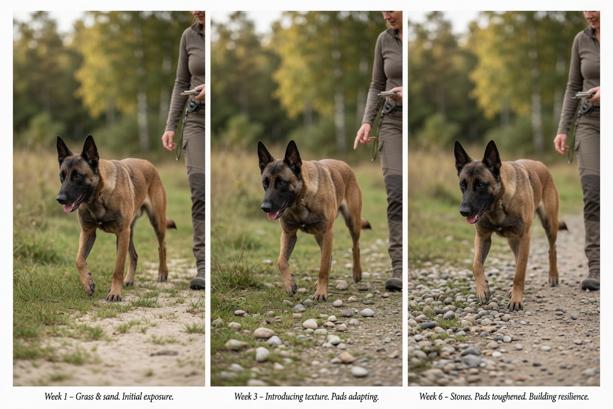 Working dog progressing through pad conditioning on varied terrain, from soft grass to slightly more challenging ground