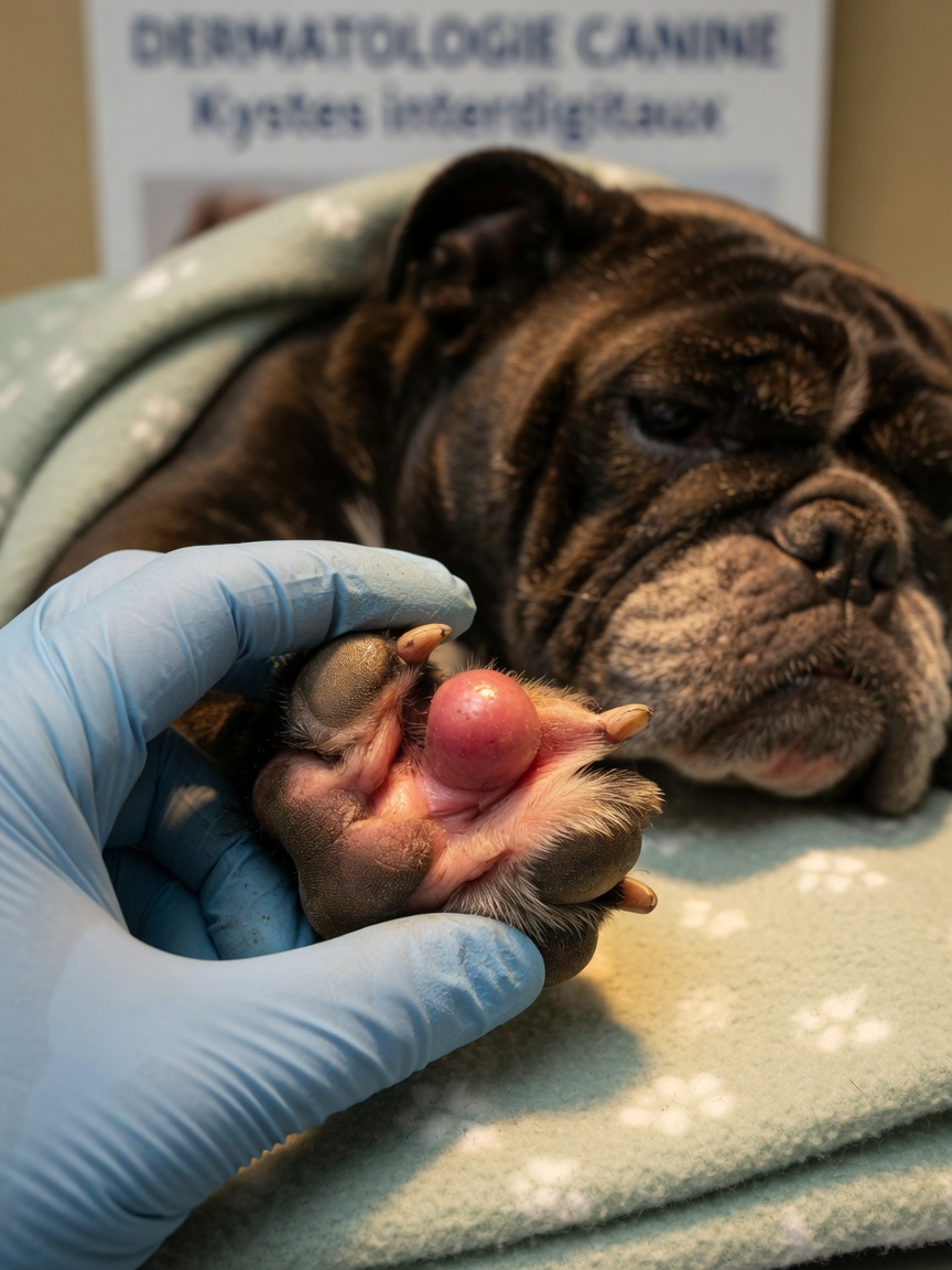 Close-up of an interdigital cyst between a bulldog's toe pads during veterinary examination