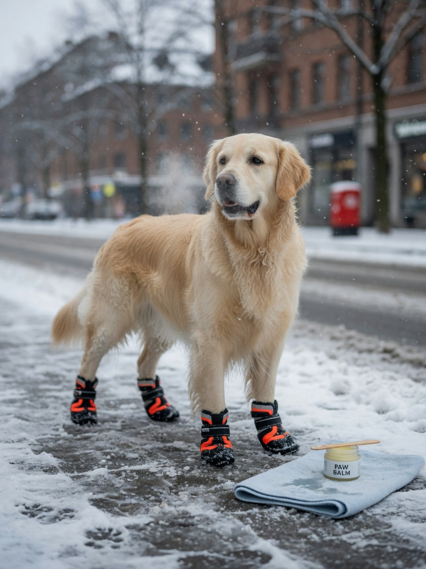Golden Retriever wearing protective boots in winter to prevent paw damage from salt and ice