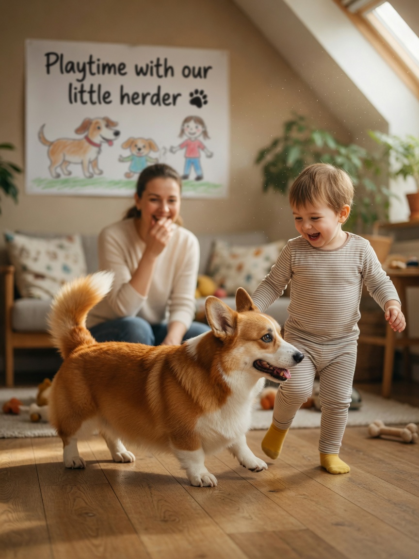 Pembroke Welsh Corgi with child during supervised indoor play, demonstrating herding instinct