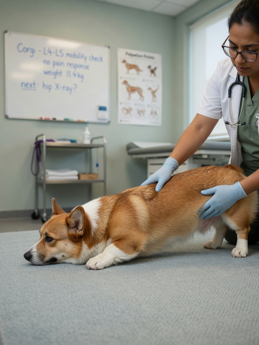 Veterinary professional examining a Pembroke Welsh Corgi's spine and back during health assessment