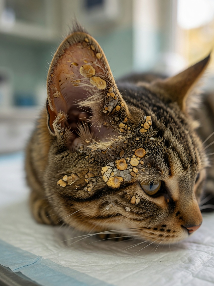 Nahaufnahme des Ohrs einer Katze mit Krustenlösionen und Erosionen, die für Pemphigus foliaceus Autoimmunerkrankung der Haut charakteristisch sind