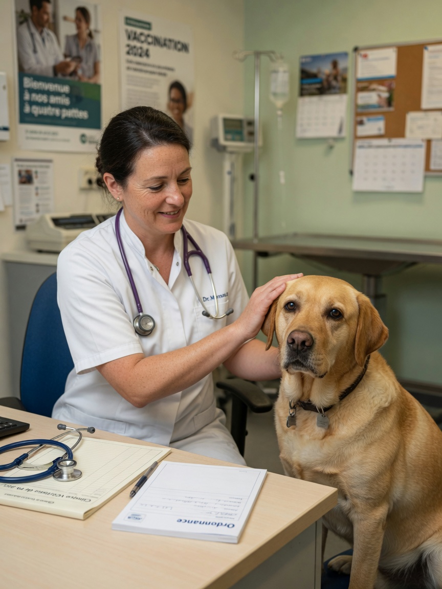 Tierarzt konsultiert mit dem Besitzer eines Labrador Retrievers über Optionen der immunsuppressiven Behandlung für Pemphigus foliaceus