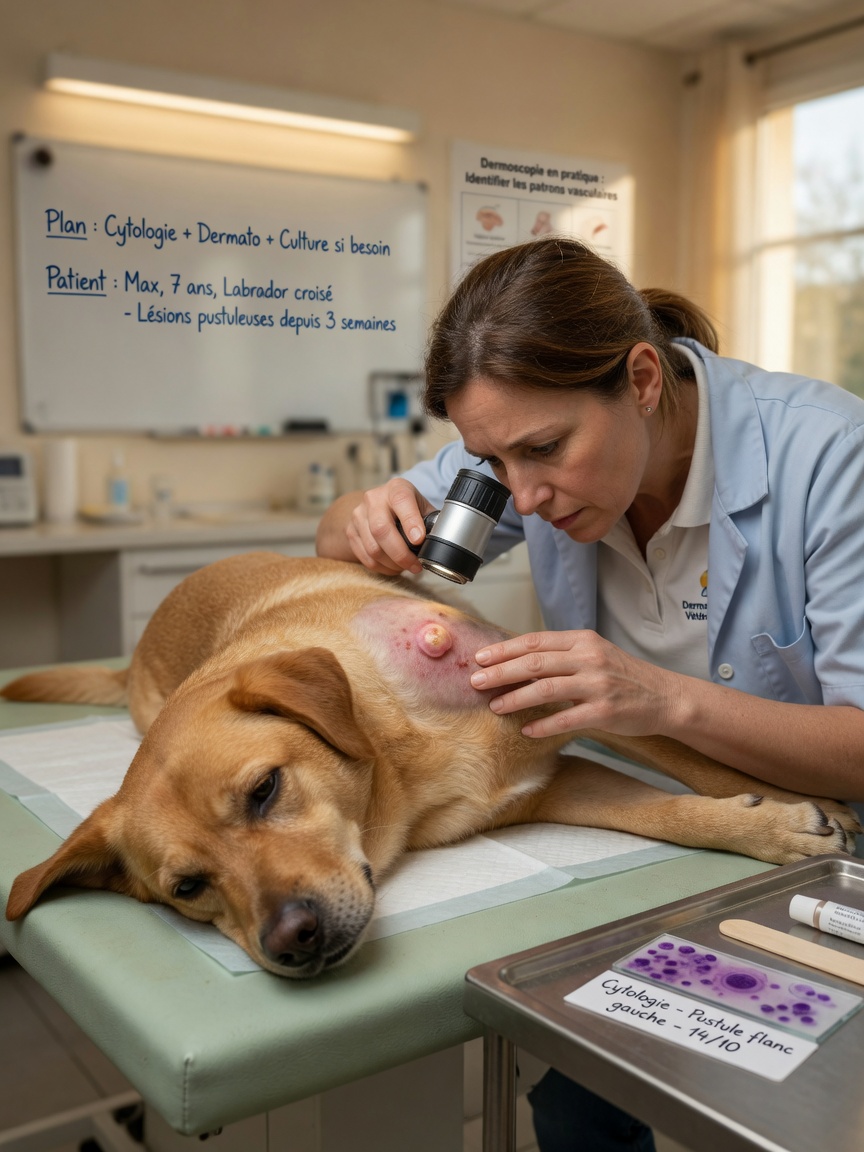 Veterinarian examining a dog's skin lesion with dermatoscope during diagnostic evaluation