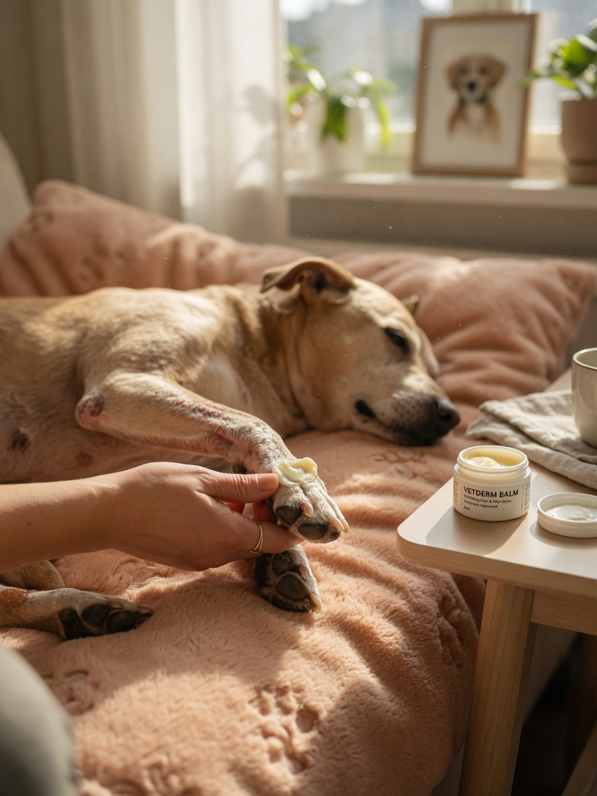 Owner gently applying moisturizing balm to a pemphigus dog's paw pad while resting on soft bedding