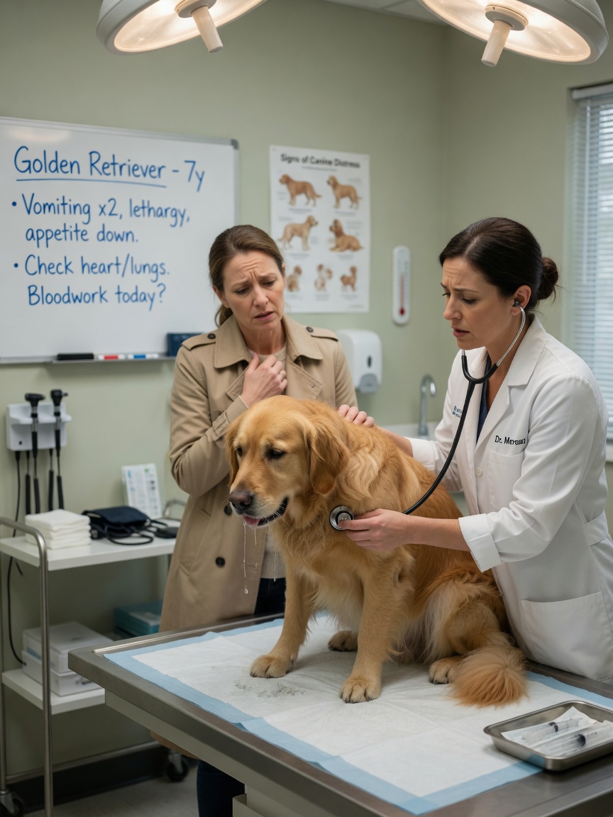 Veterinario che esamina un Golden Retriever letargico in clinica con il proprietario preoccupato che guarda, mostrando i sintomi della tossicità dell'olio di menta piperita