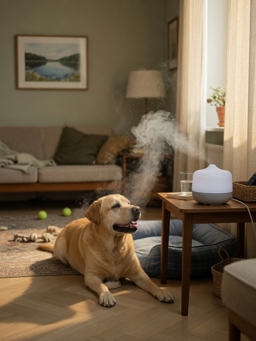 Labrador che riposa a disagio vicino a un diffusore ultrasonic attivo con nebbia visibile in un soggiorno, mostrando distress respiratorio