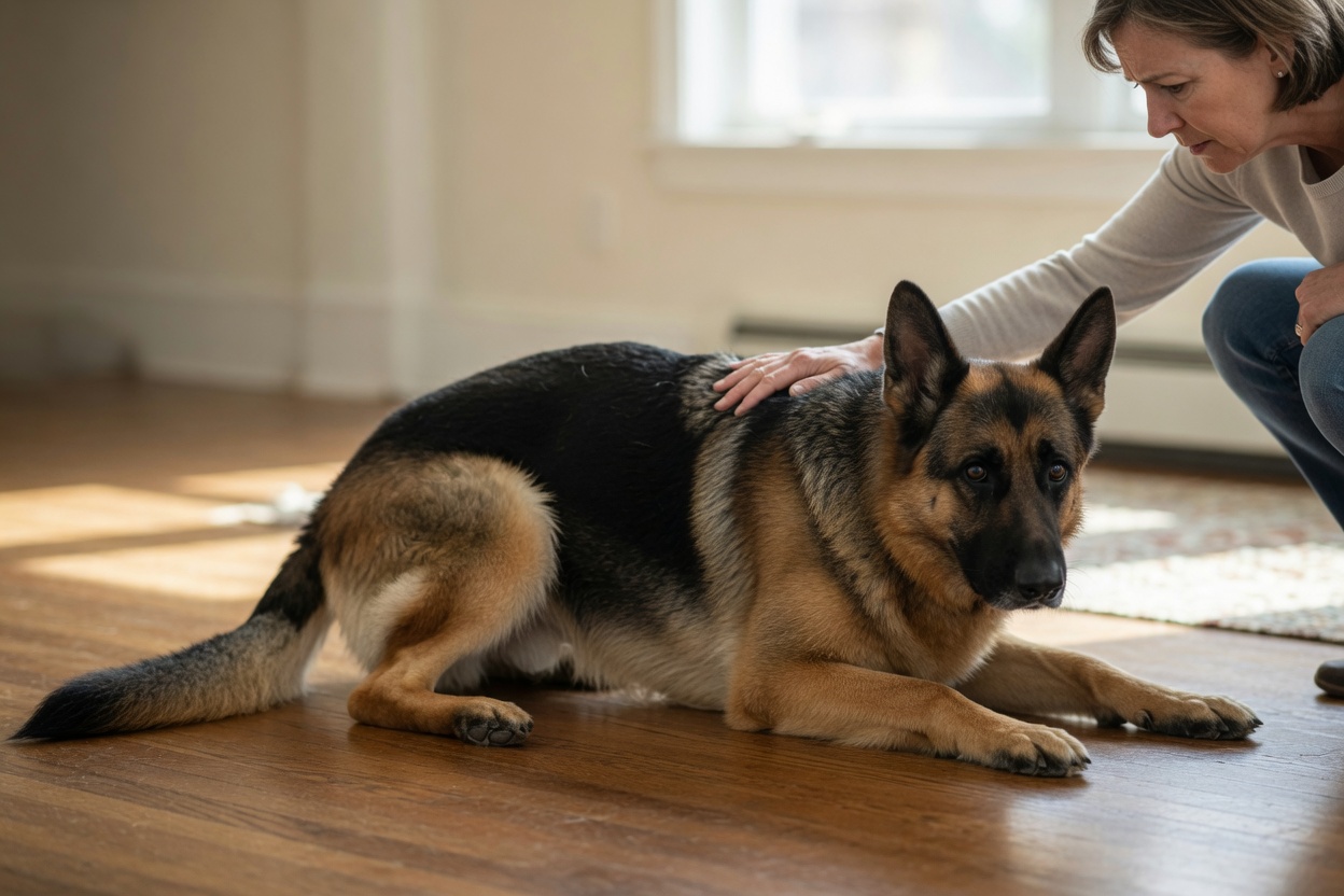 German Shepherd scooting on floor with concerned owner watching, demonstrating a key sign of perianal fistula