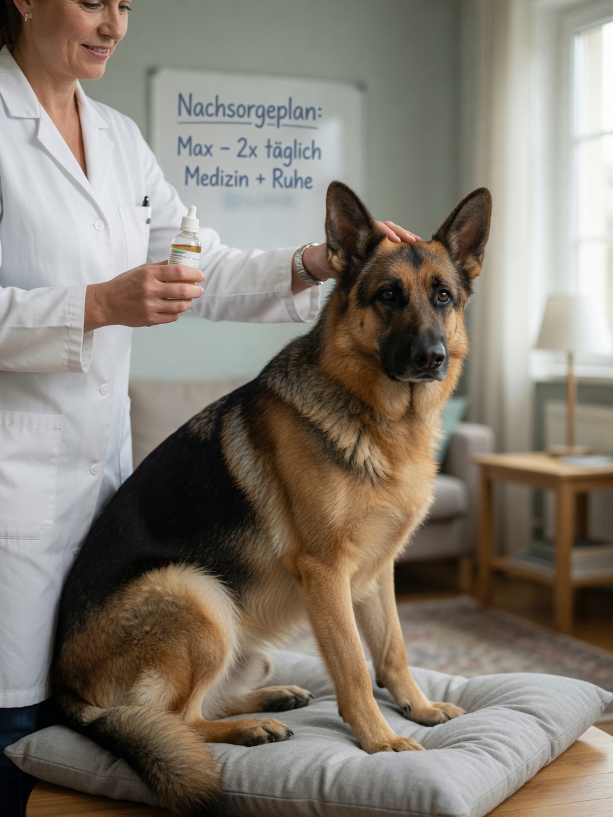 Veterinarian administering medication to a calm German Shepherd during treatment for perianal fistula