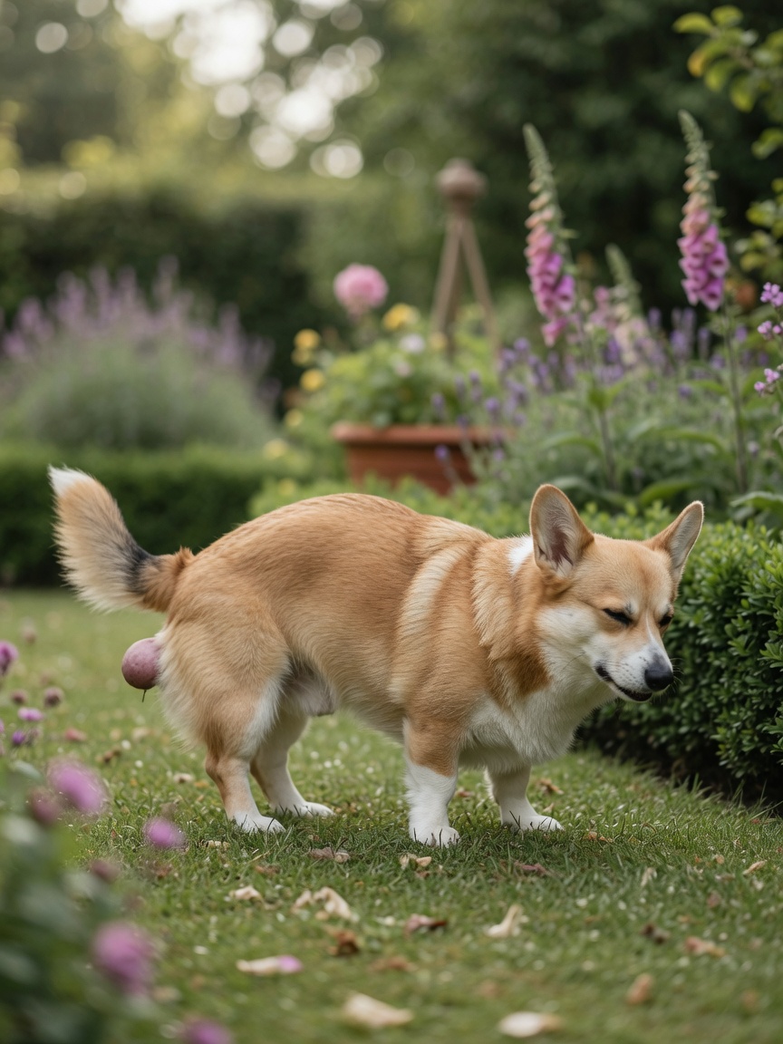 Older Corgi in strained posture during defecation showing signs of perineal hernia difficulty