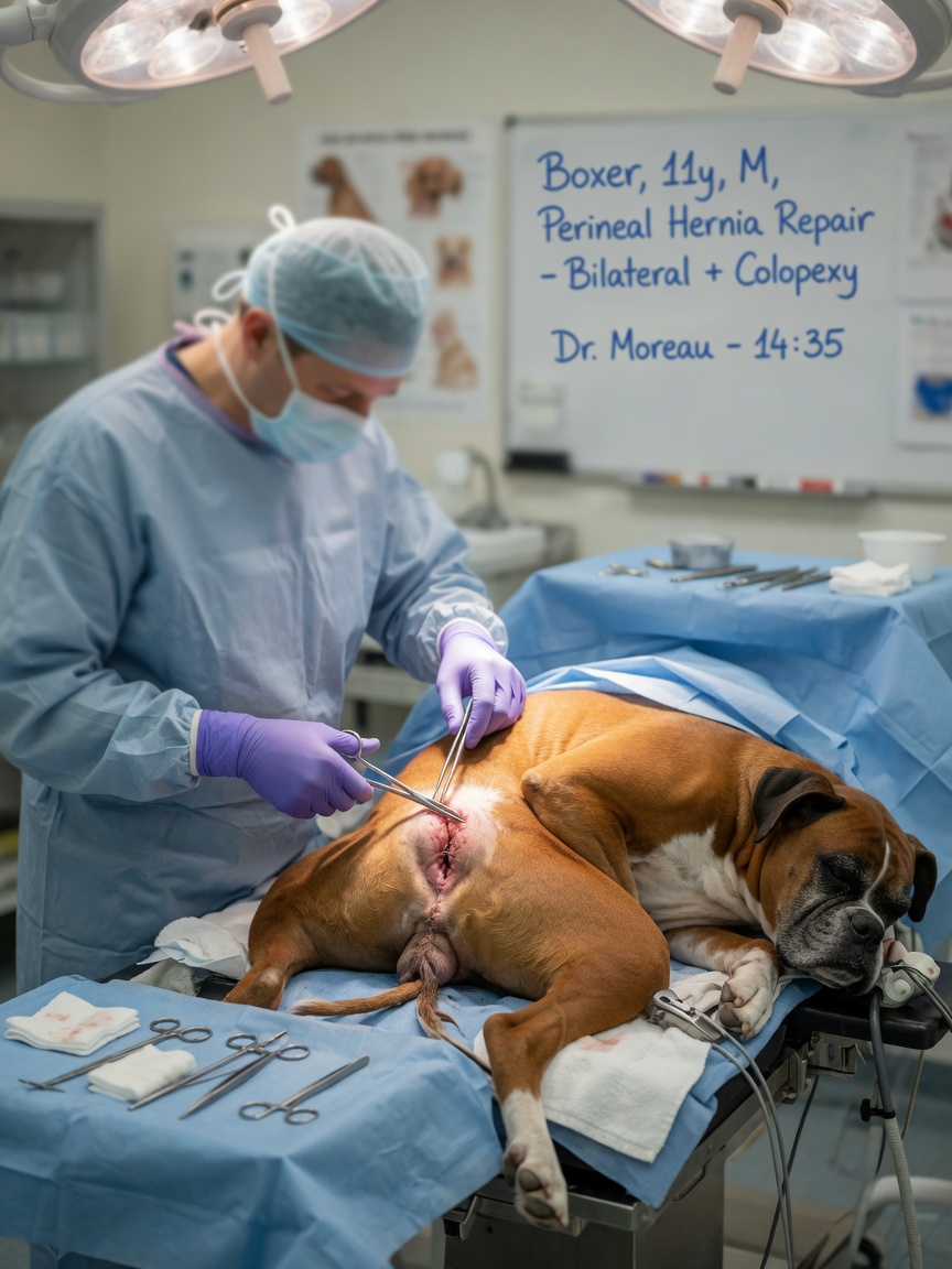 Veterinary surgeon performing perineal hernia repair surgery on an anesthetized Boxer during operative procedure