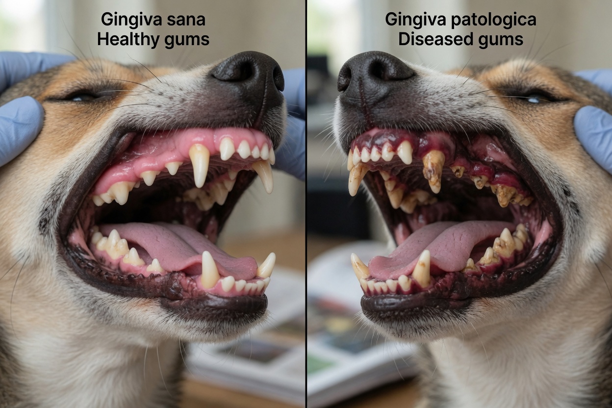 Side-by-side comparison of healthy versus diseased dog gums showing progression of periodontal disease