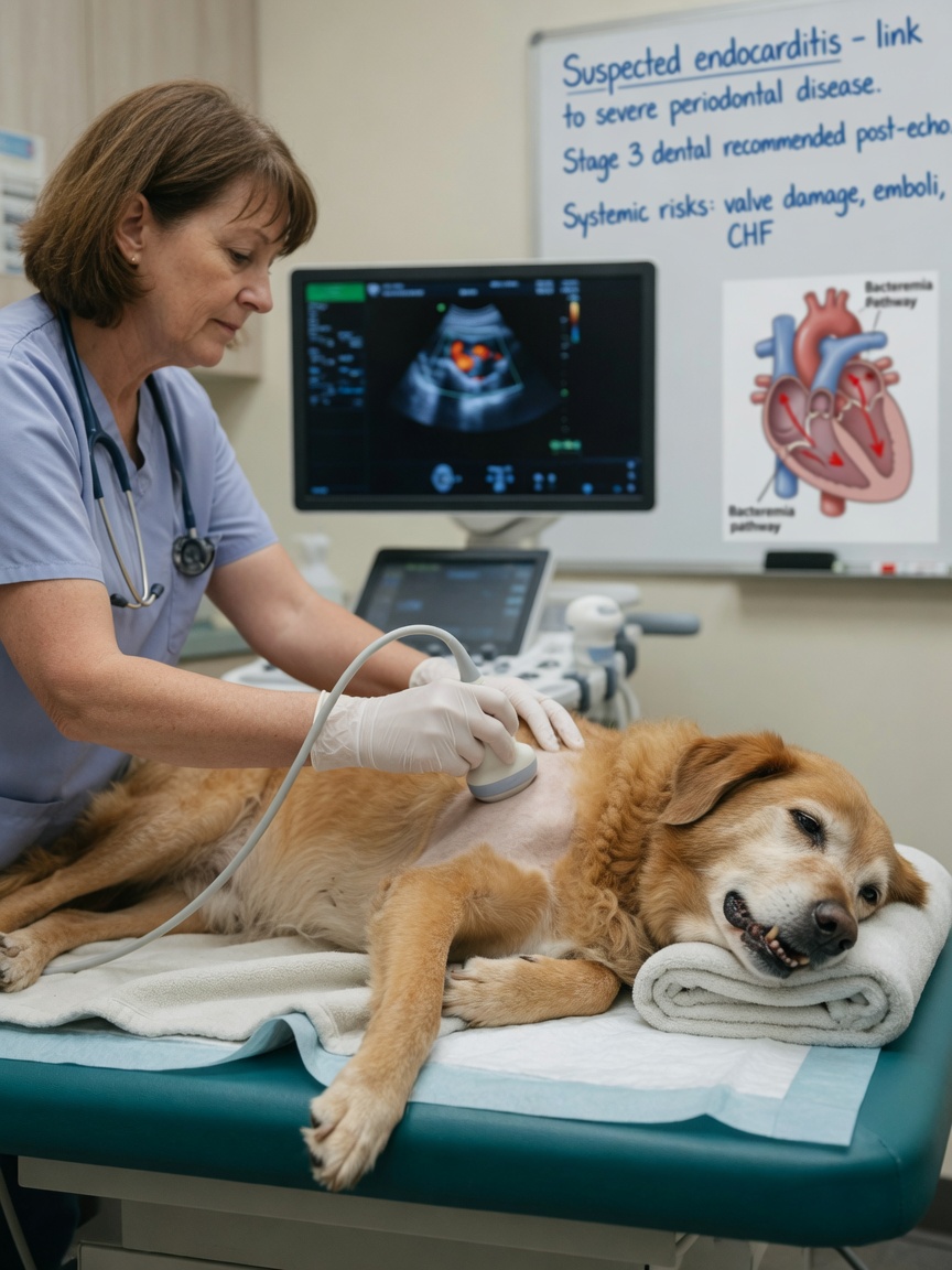 Veterinarian performing cardiac ultrasound on dog to assess heart valve disease secondary to periodontal disease