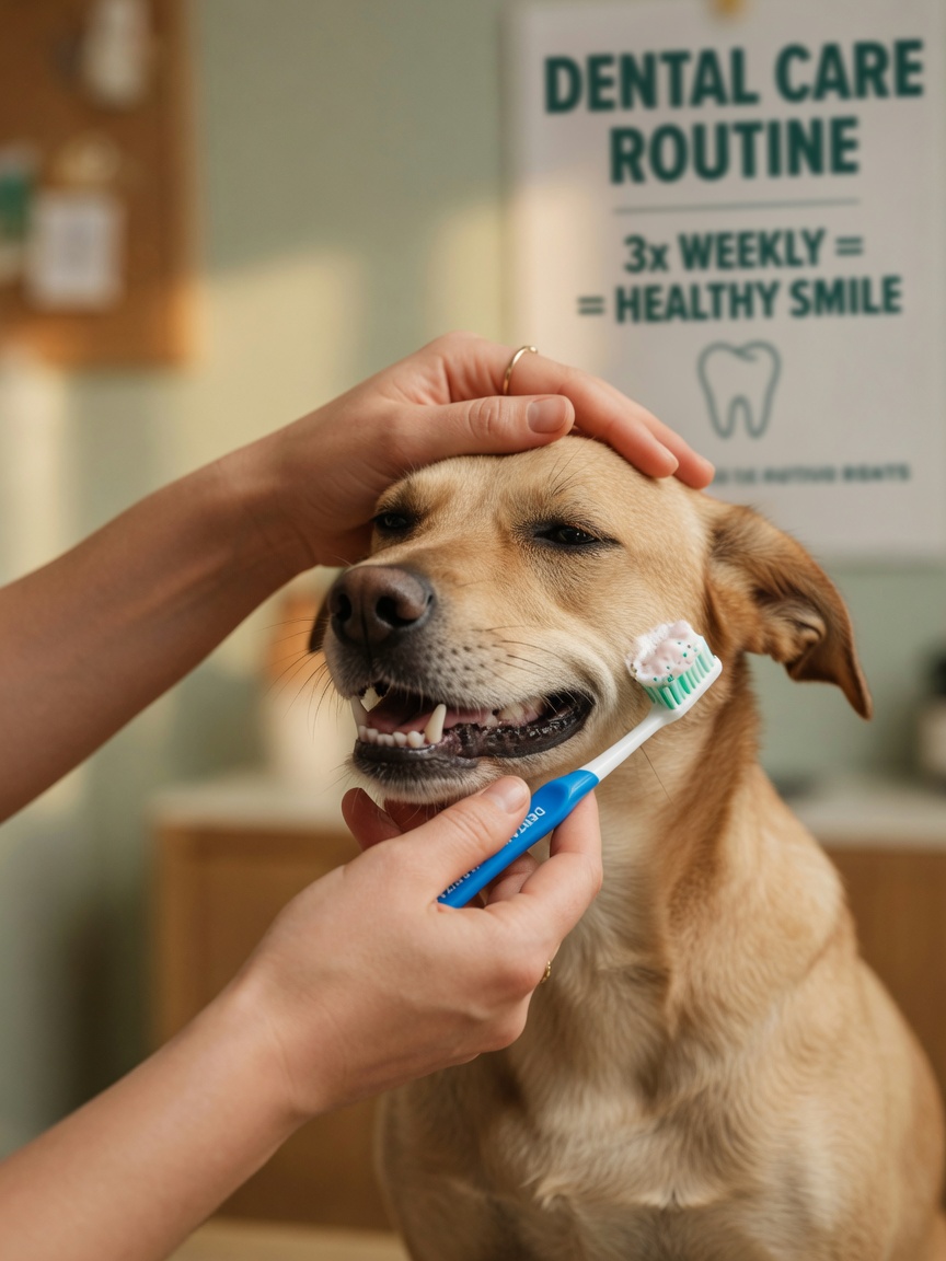 Owner brushing a dog's teeth daily with dog-specific toothpaste for preventive dental care