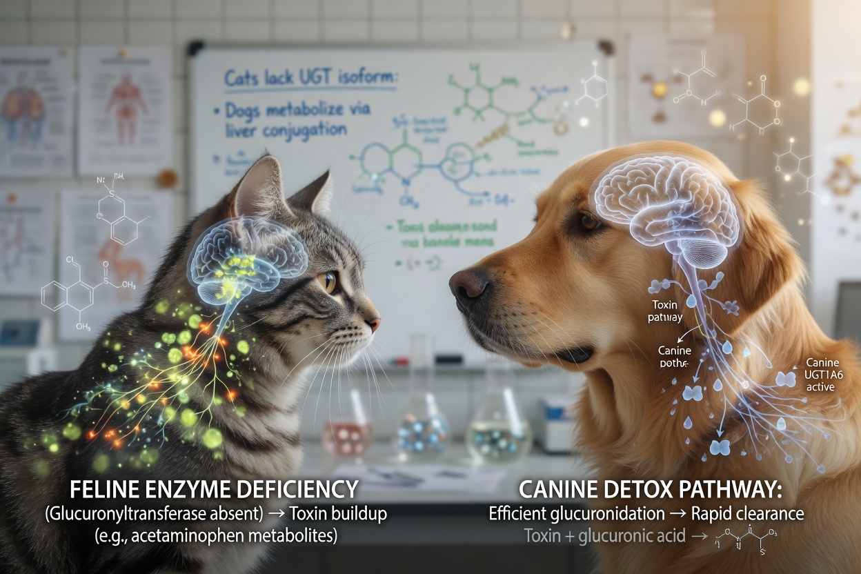 Contrast visualization of cat and dog metabolic pathways showing enzyme deficiency in feline nervous system