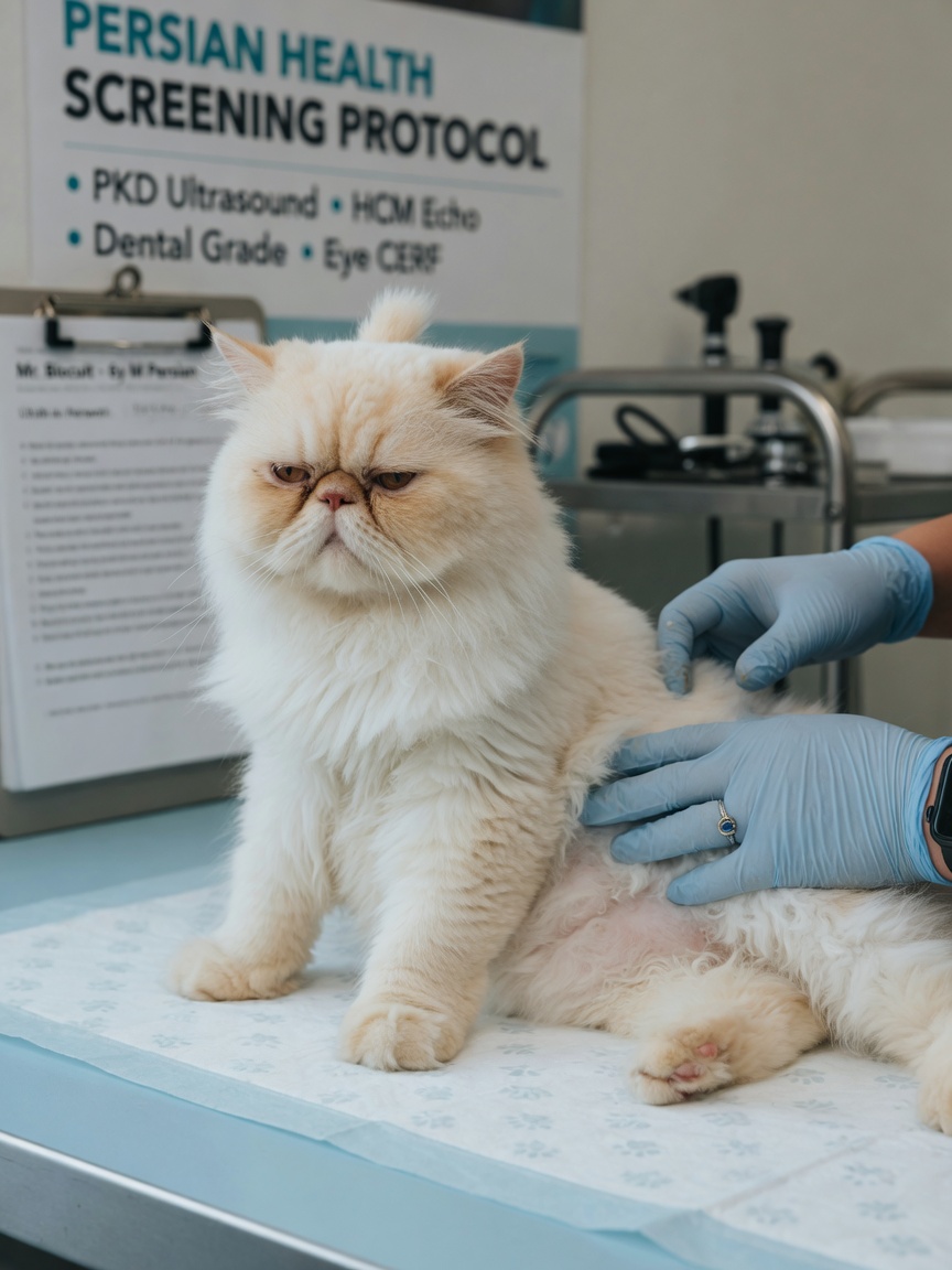 A Persian cat being examined by a veterinarian at a clinic during a health screening