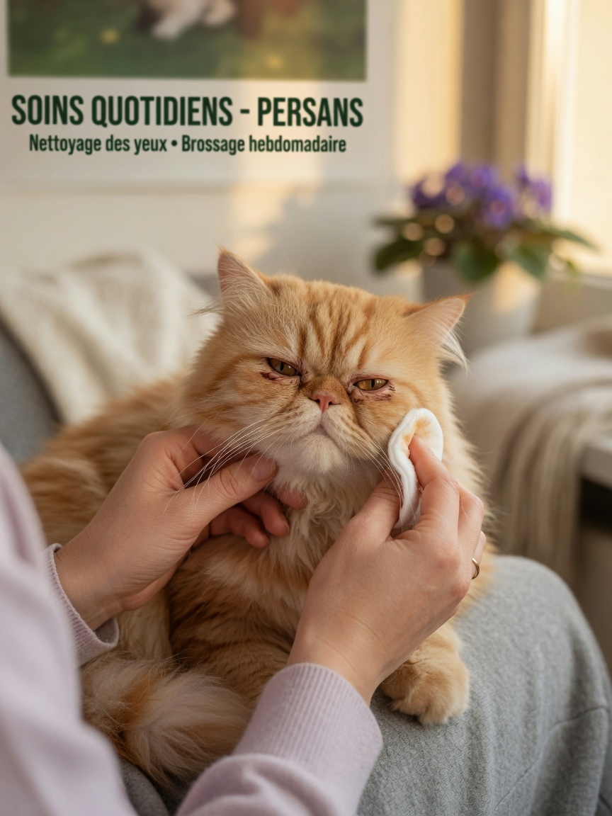 Proprietario che pulisce delicatamente le macchie lacrimali dalla faccia di un gatto persiano durante la routine quotidiana di cura degli occhi a casa.