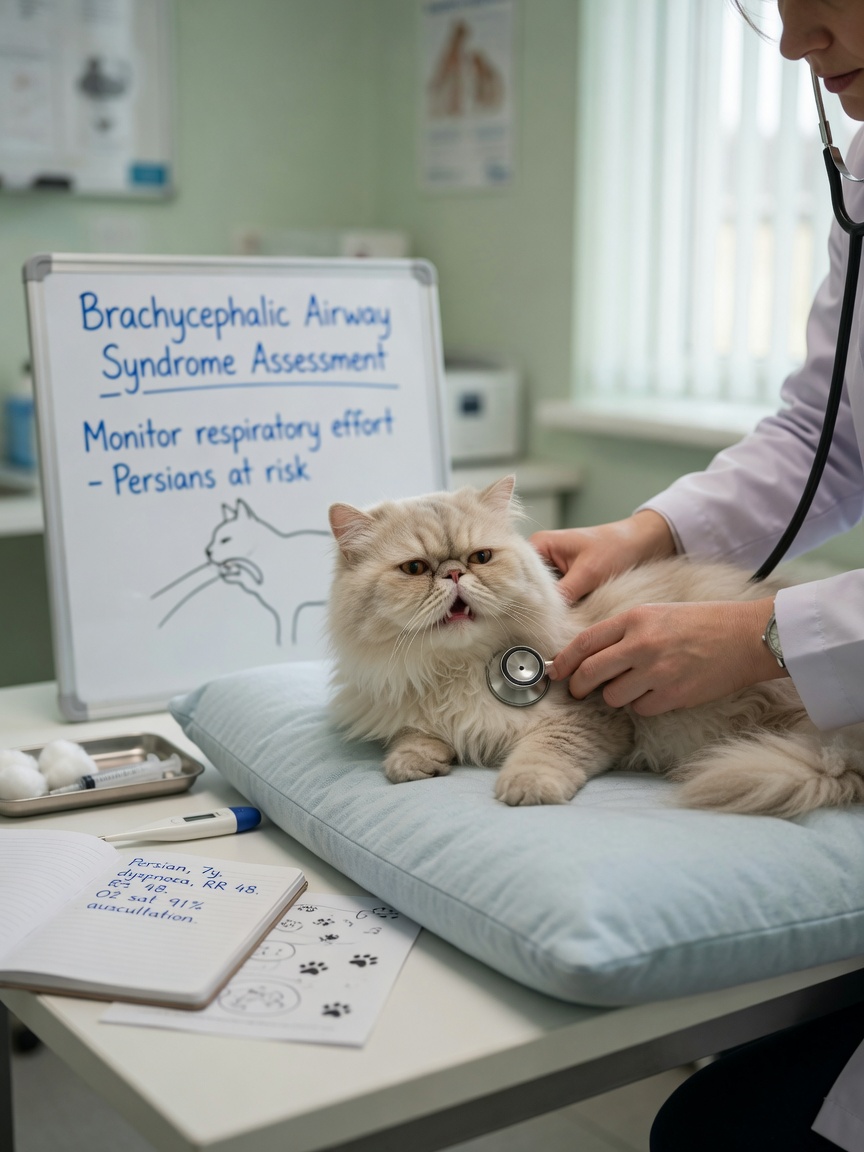 Veterinarian examining breathing and airways of Persian cat with brachycephalic facial structure
