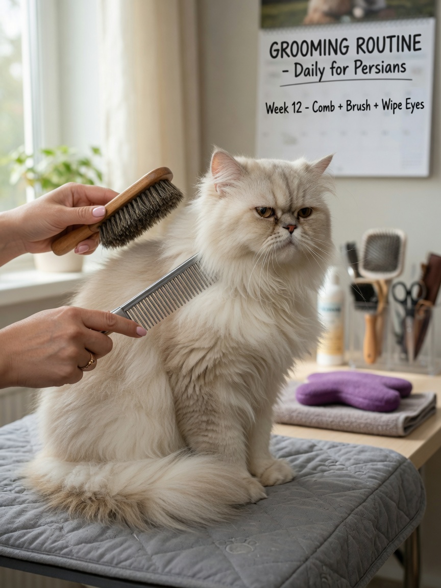 Owner daily grooming Persian cat with metal comb and brush to prevent matting and maintain coat health