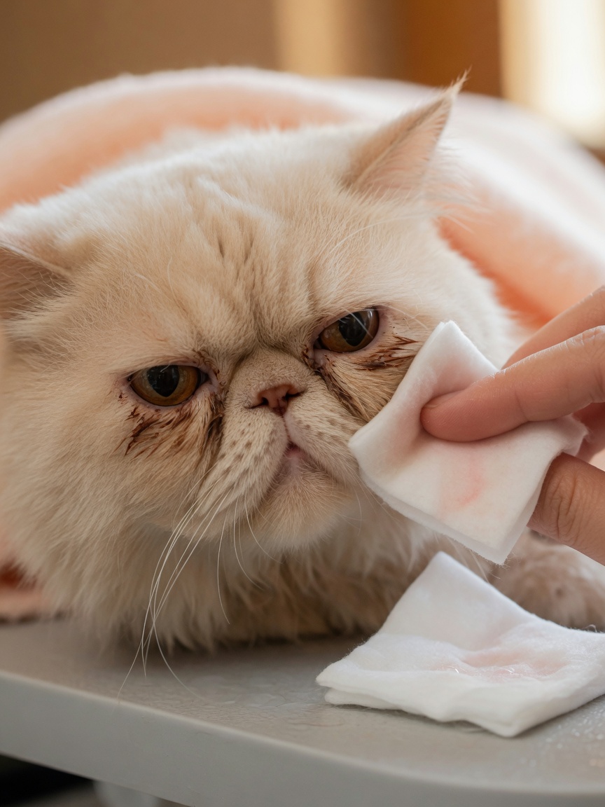Close-up of Persian cat's face showing tear staining being gently cleaned with a cotton pad during daily facial cleaning routine