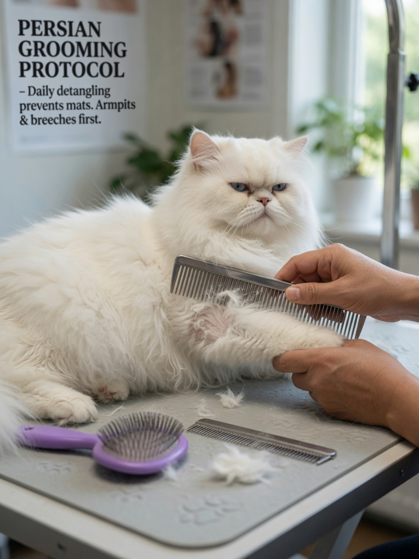 Persian cat's dense, silky coat being carefully combed with a wide-tooth metal comb to prevent mats and tangles