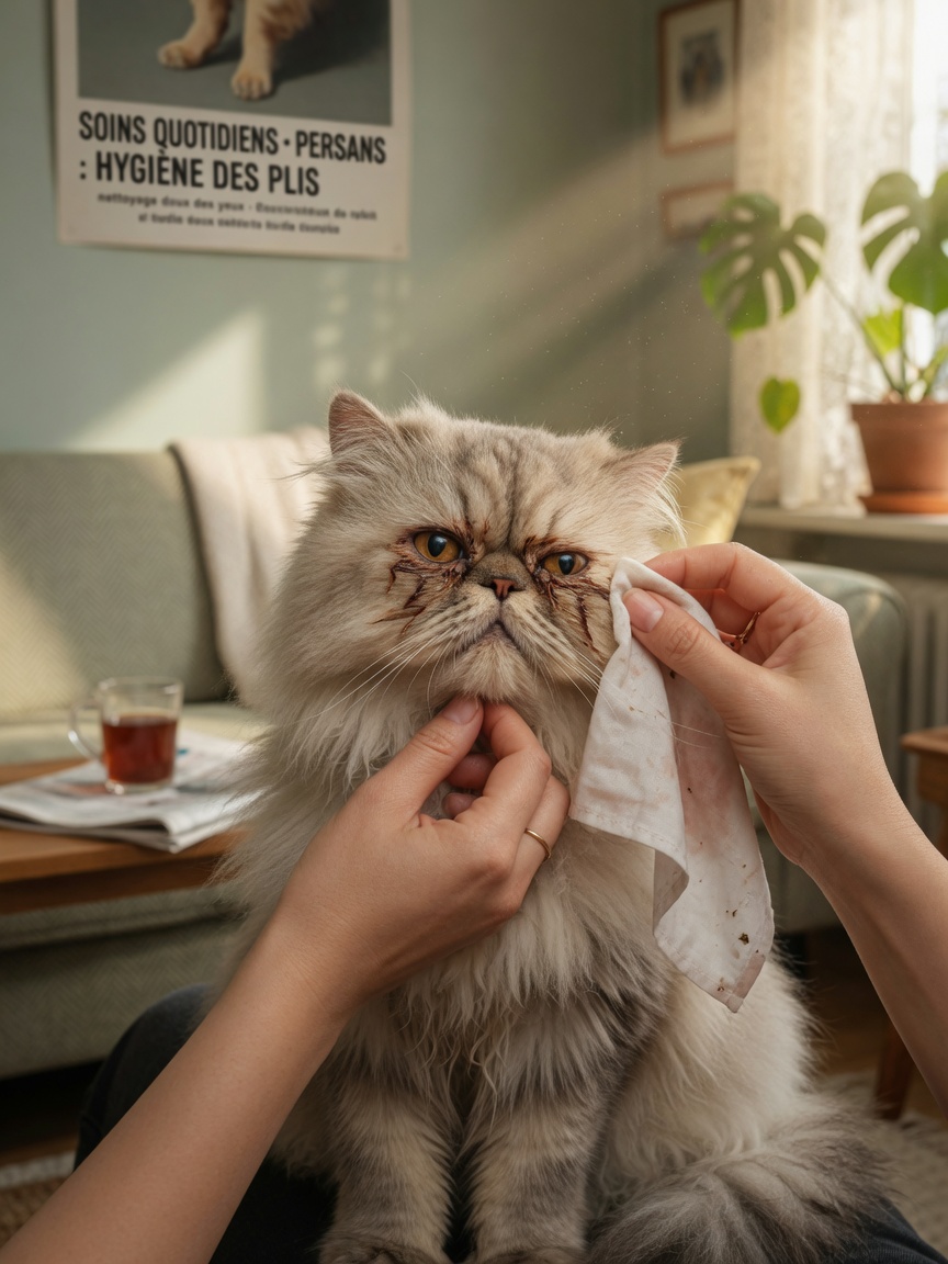 Owner's hands gently cleaning tear staining and facial folds of a Persian cat using a damp cloth at home
