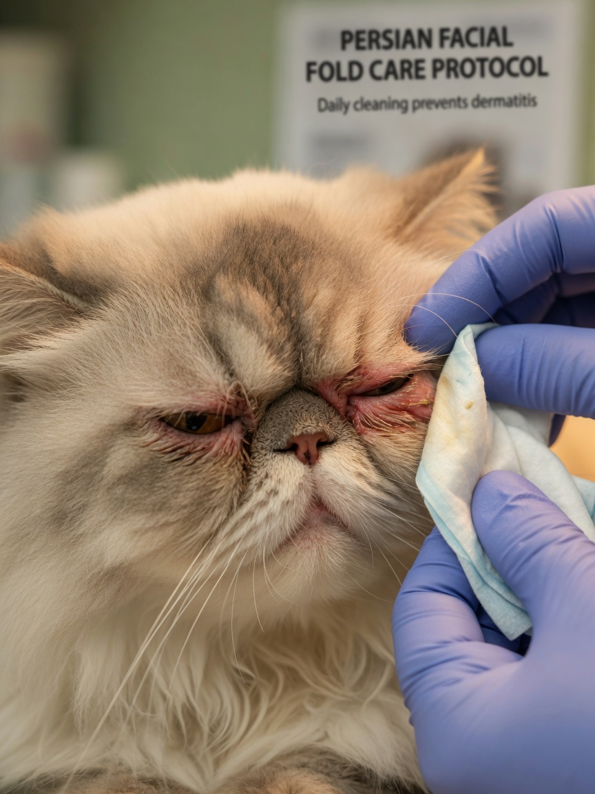 Veterinarian cleaning deep facial skin folds of a Persian cat with specialized wipe to prevent dermatitis
