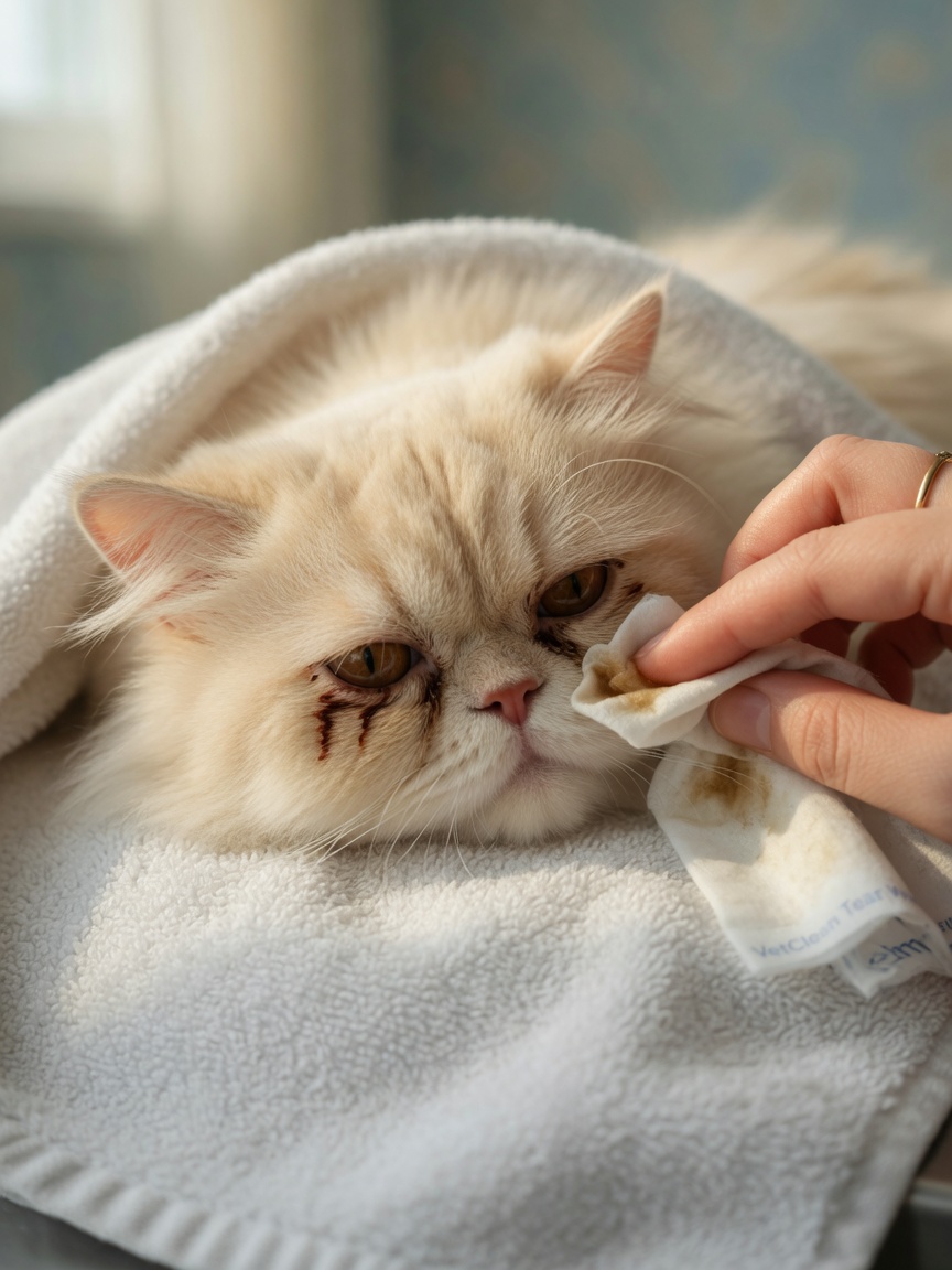Owner gently cleaning a Persian cat's nasal folds and tear-stained face with a damp wipe during daily care routine
