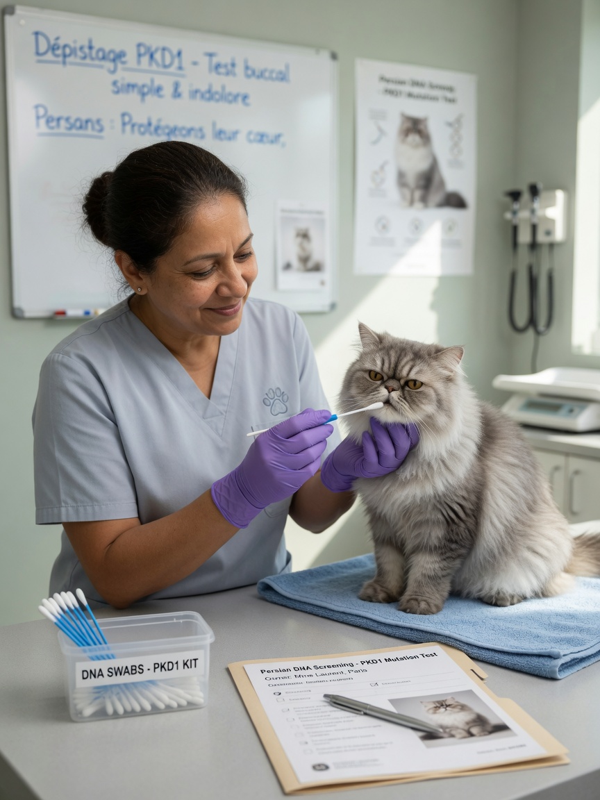 Veterinarian collecting a cheek swab sample from a Persian cat for PKD1 DNA genetic testing